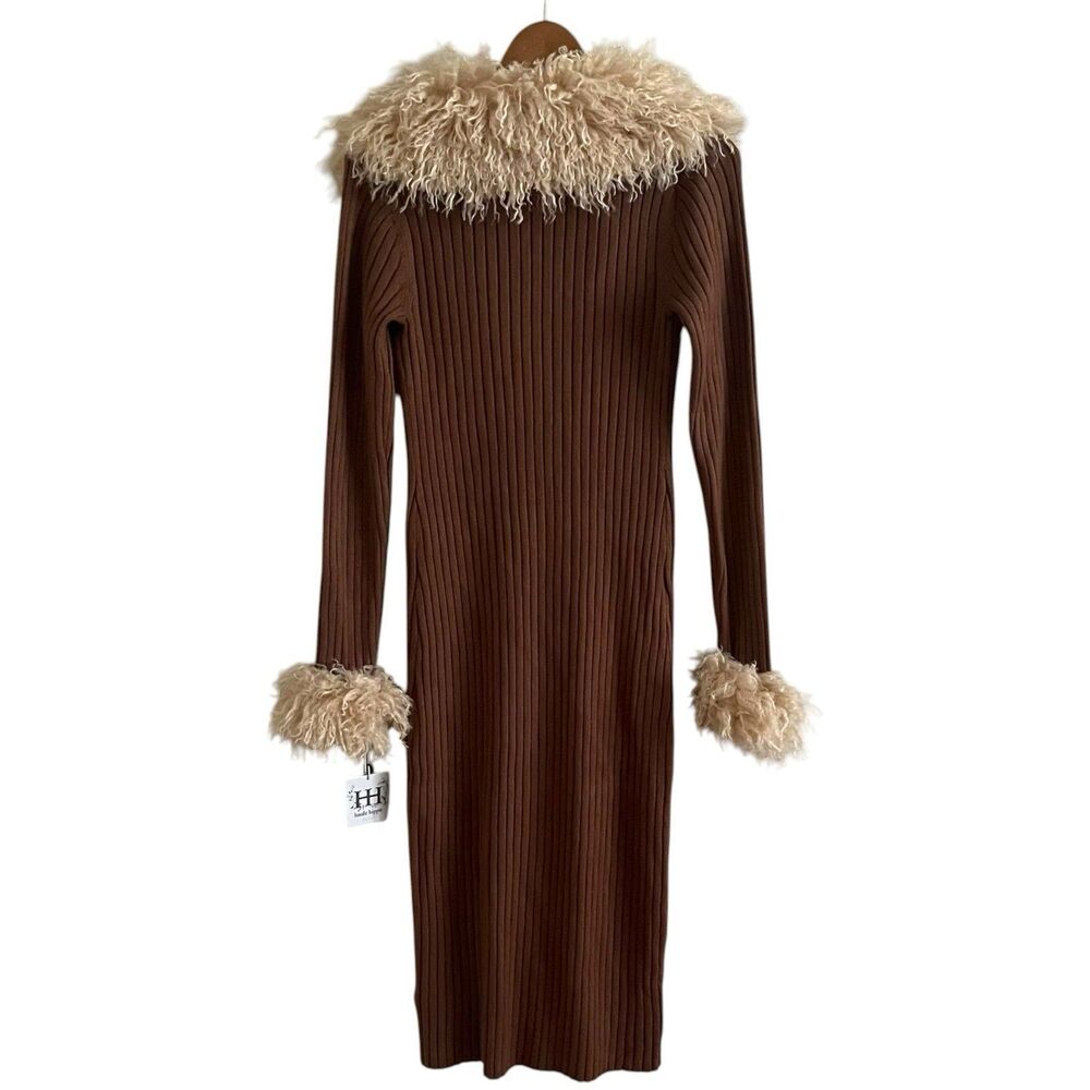 Haute Hippie Faux Fur Trim Ribbed Long Cardigan XS Brown Duster Penny Lane 70s - Picture 3 of 8